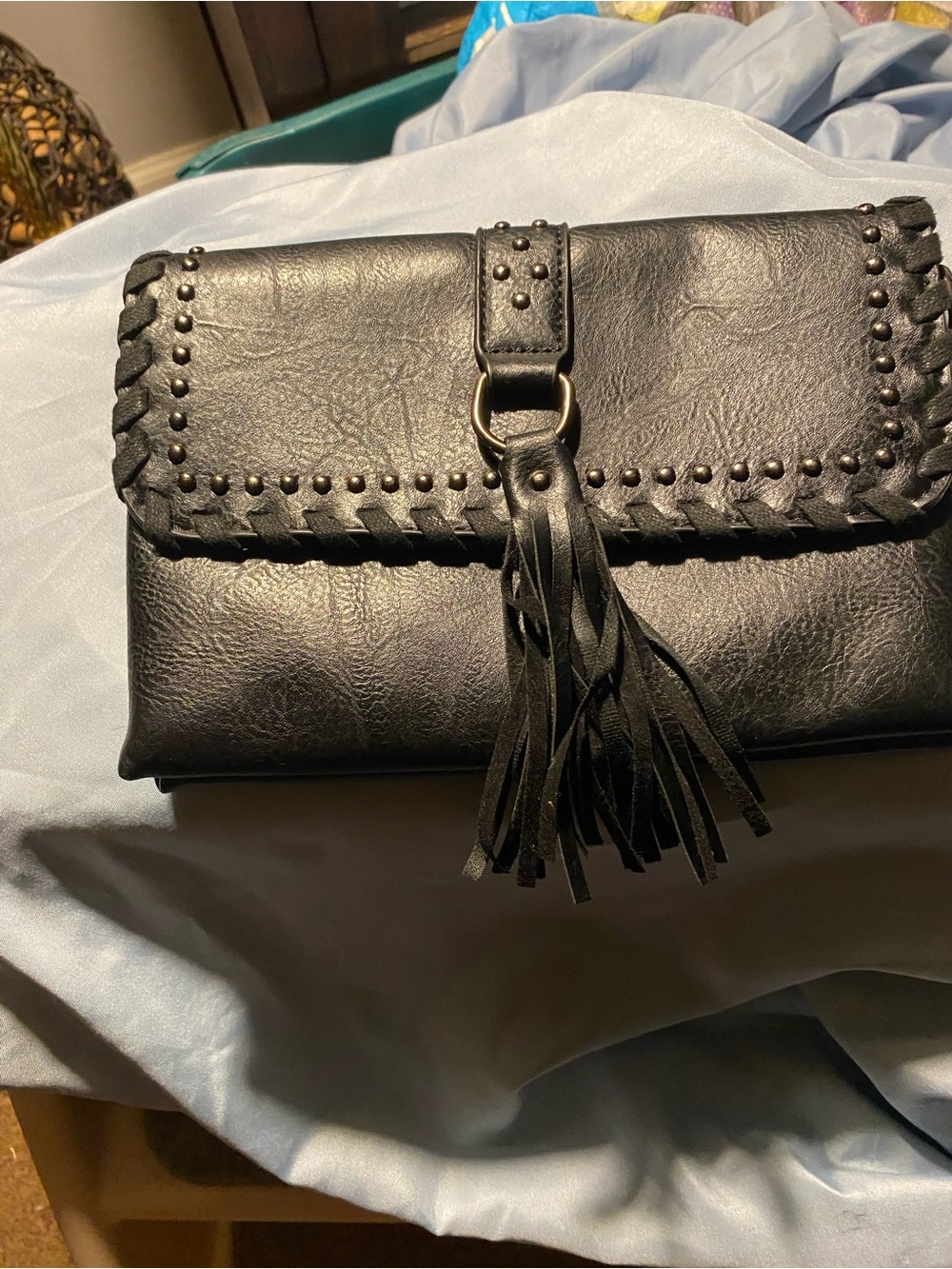 Black faux-leather crossbody clutch